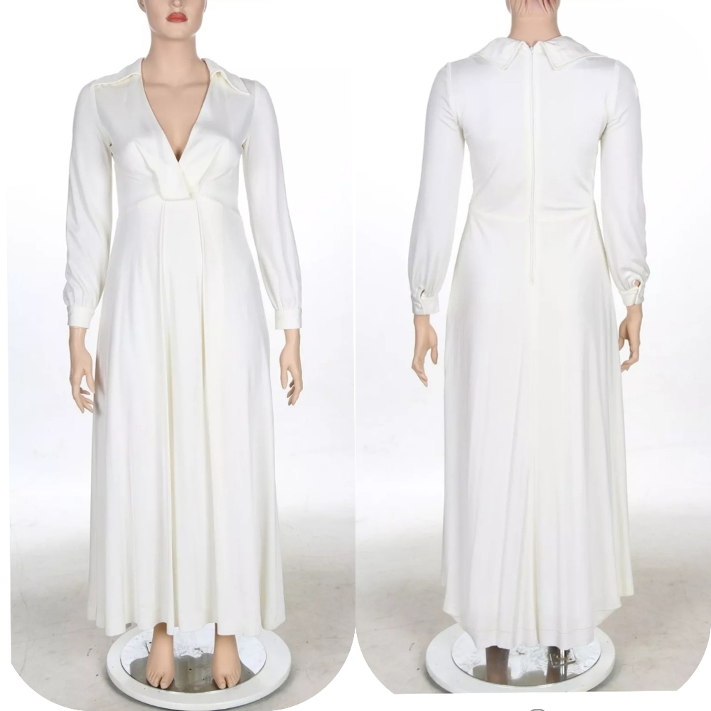 The Eva Gabor Look by Estevez Vintage 60s 70s White Collared Maxi Dress size 14